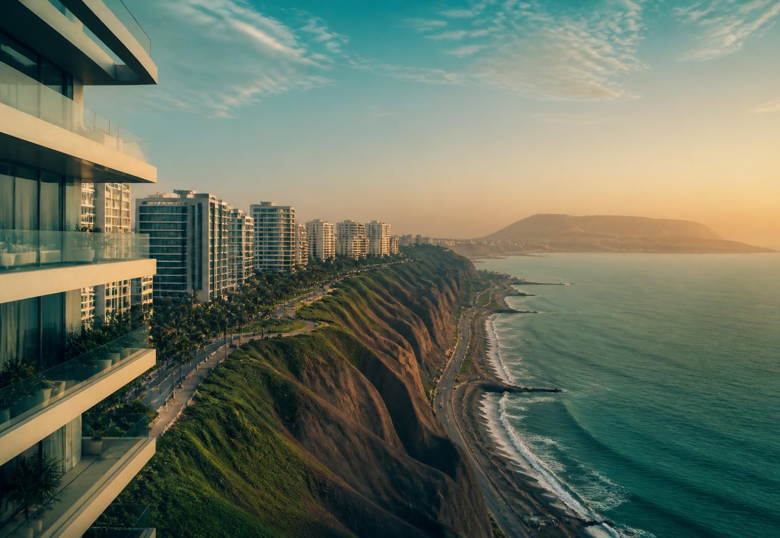 Modern apartment towers along the Pacific cliffs of Miraflores, Lima at golden hour